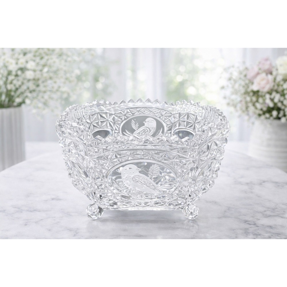 Vintage Cut Crystal Glass Square Footed Sawtooth Bowl Etched Bird‎ Medallion 4"